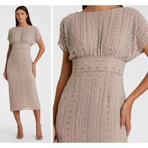 Mac Duggal 93649 Beaded Size 6 Midi Dress Beige Empire Waist Cap Sleeves NWT